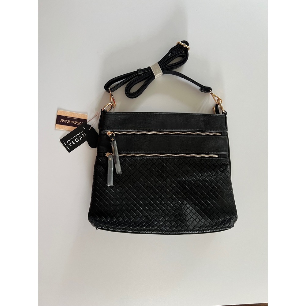 Mellow World Black Vegan Leather Crossbody Bag Woven Texture Gold Hardware NWT - Picture 3 of 14